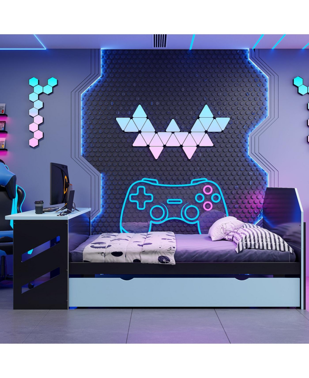 Streamdale Furniture Full Wood Daybed with Twin Trundle, Desk and Usb, Cloud Blue