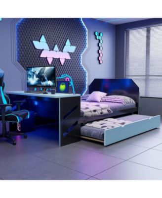 Streamdale Full Size Wood Daybed with Twin Size Trundle, Desk and USB, Cloud Blue