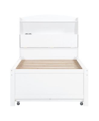 Streamdale Twin Wooden LED Platform Bed with Trundle, Storage Headboard & Drawers, White