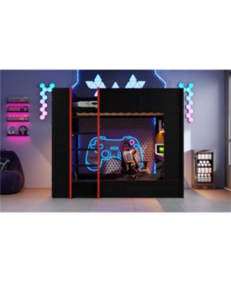 Wood Gaming Bunk Bed with Desk, Storage, LED & Charging Station