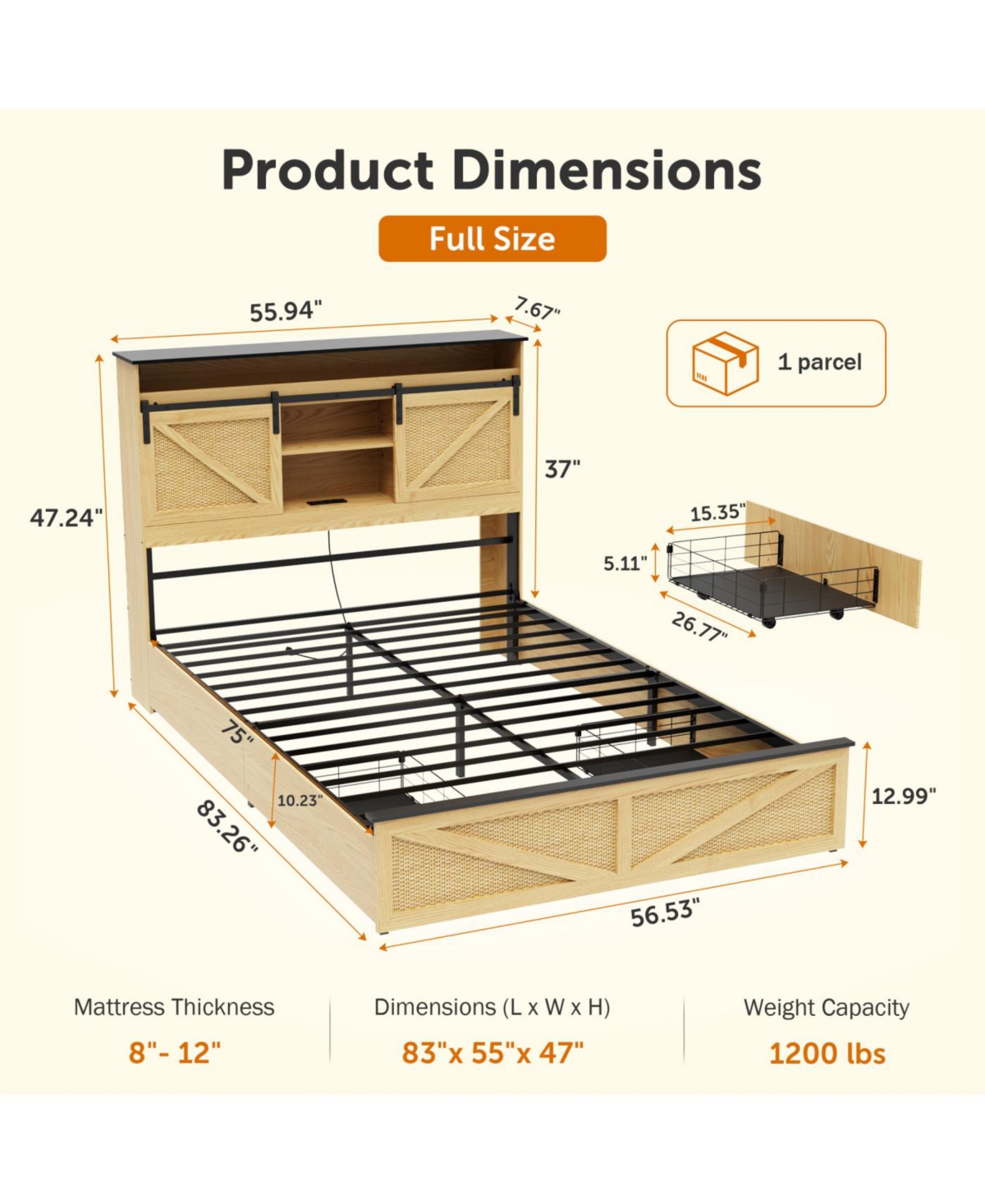 Streamdale Furniture Streamdale Farmhouse Full Size Bed Frame with Storage Headboard, Drawers, Charging & Led