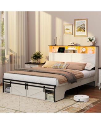 Farmhouse Queen Storage Bed Frame with Charging Station & LED Lights, White