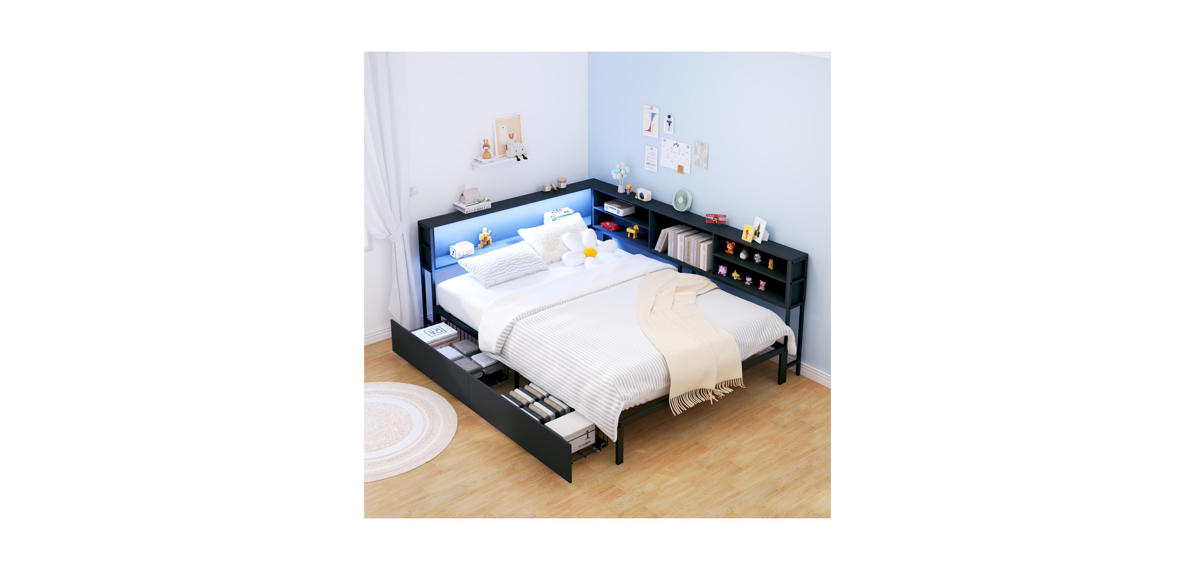 Streamdale Furniture Streamdale Corner Bed Frame: Full Daybed with Storage, Charging & Led