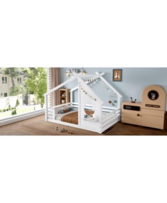 Full House Floor Bed with Window & Shelf, Solid Wood, White