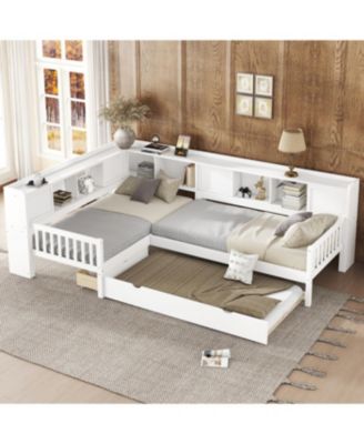L-shaped Twin Platform Bed with Trundle, Storage Drawers & Shelves, White