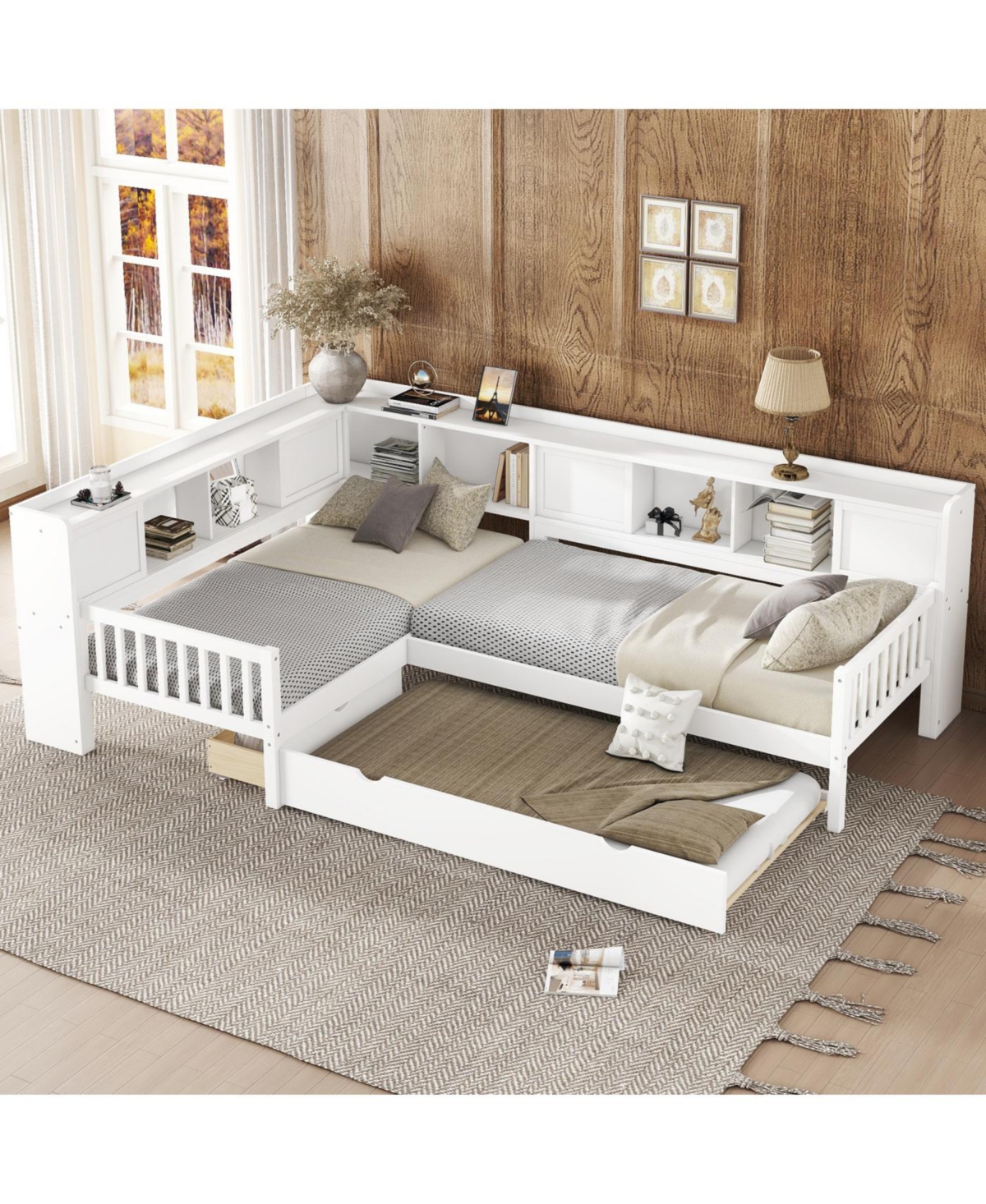 Streamdale Furniture L-shaped Twin Platform Bed with Trundle, Storage Drawers & Shelves, White