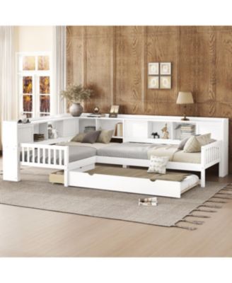 L-shaped Twin Platform Bed with Trundle, Storage Drawers & Shelves, White
