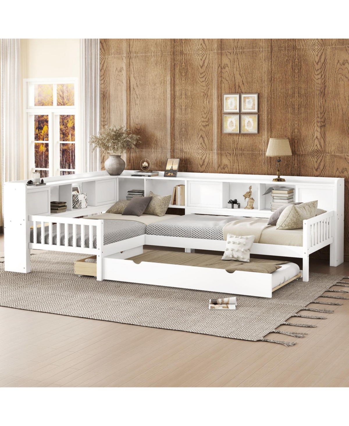 Streamdale Furniture L-shaped Twin Platform Bed with Trundle, Storage Drawers & Shelves, White