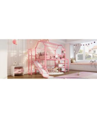 Twin Loft Bed with Slide, Stairs, Storage Shelves & Roof - Pink