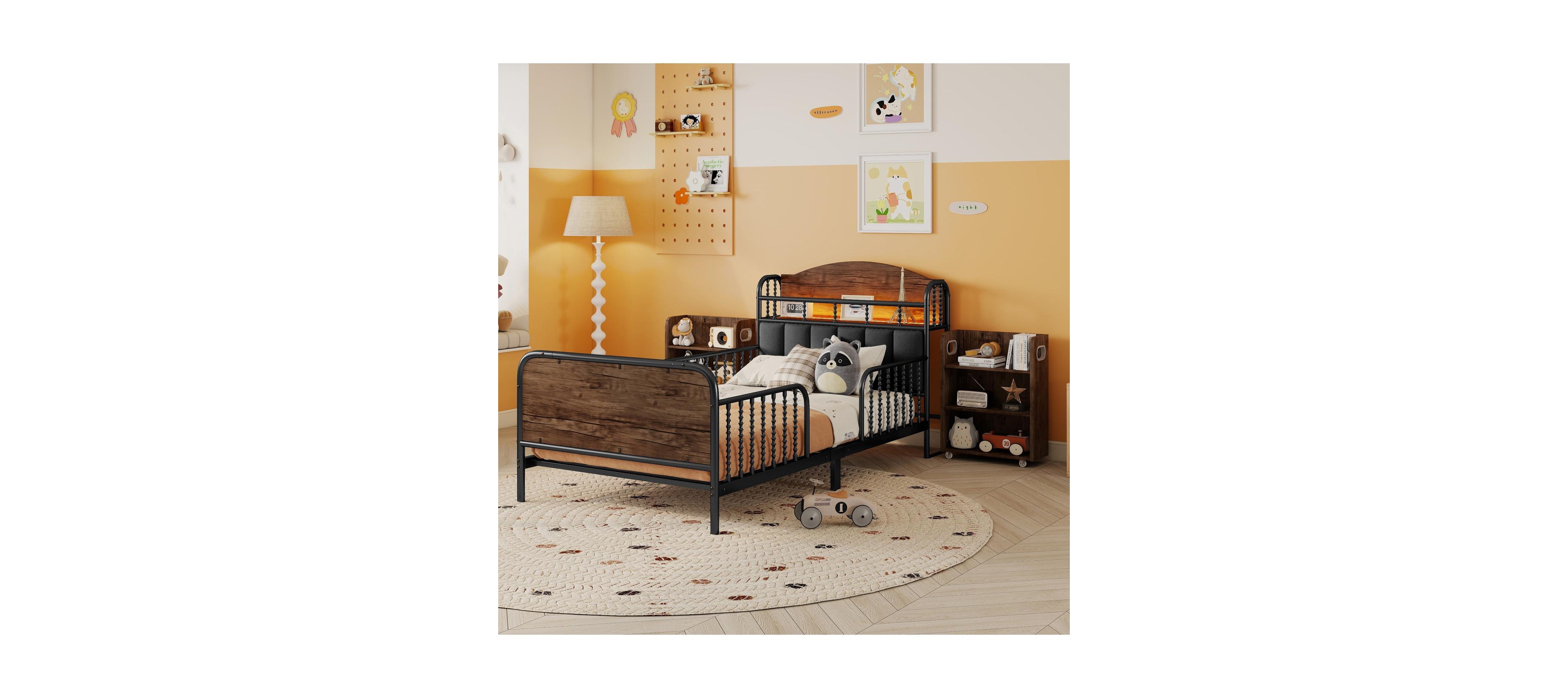 Streamdale Furniture Streamdale Twin Metal Platform Bed with Light, Upholstered Headboard & Storage Shelves, Black
