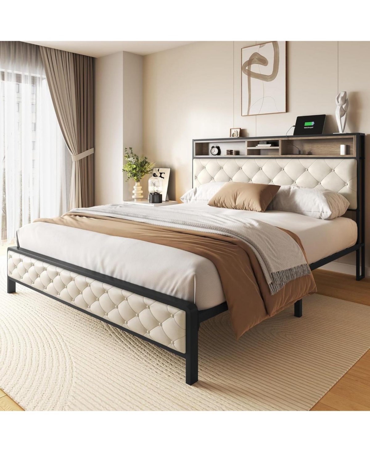 Streamdale Furniture Queen Size Upholstered Platform Bed Frame with Charging Station - Beige