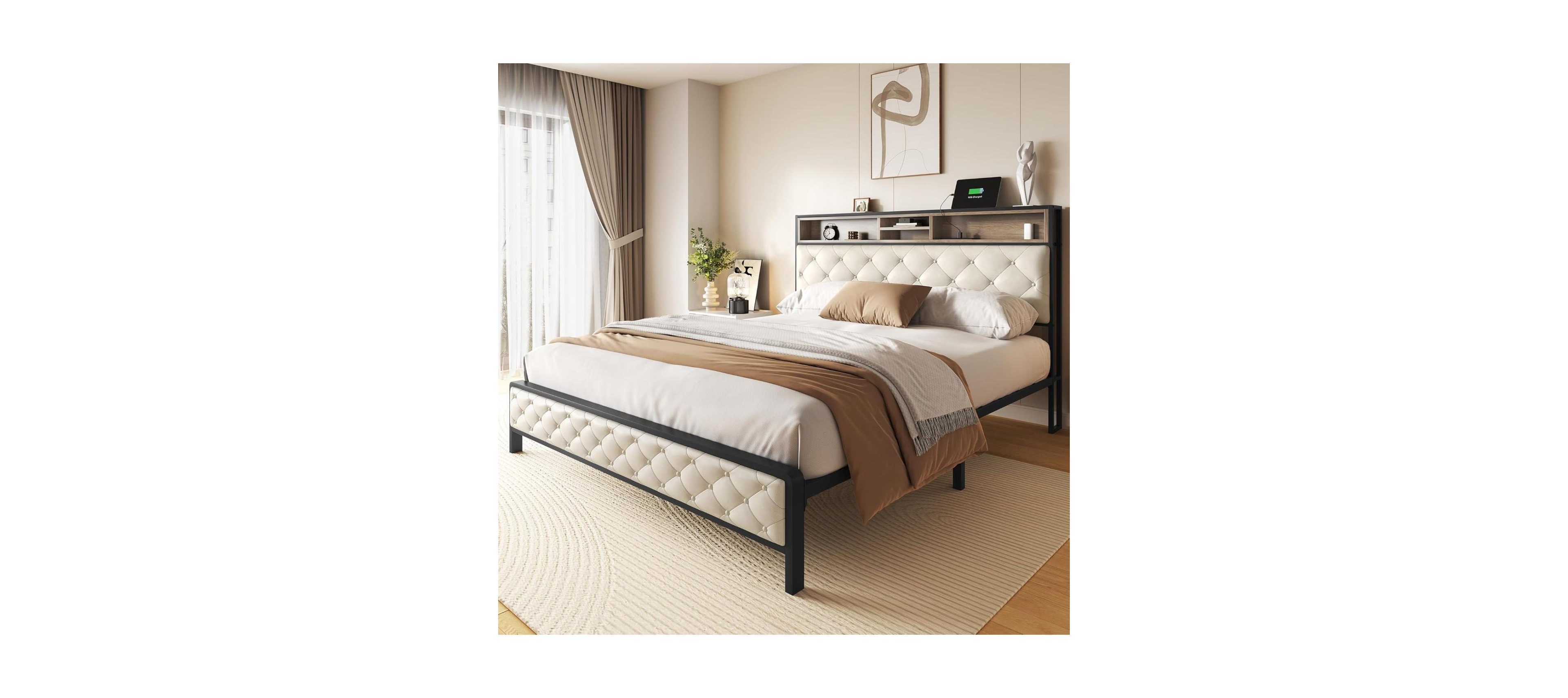 Streamdale Furniture Queen Size Upholstered Platform Bed Frame with Charging Station - Beige
