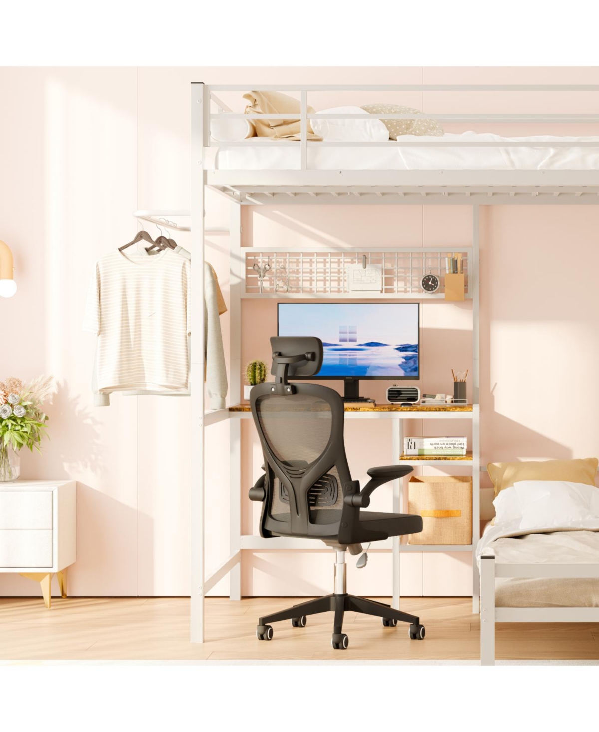 Streamdale Furniture Bunk Bed Twin Over Twin with Desk Station, L-Shaped Metal Loft Bed, White