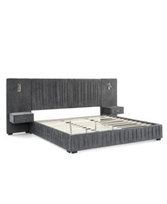Queen Size Chenille Upholstered Bed Frame with Pleated Design - Dark Grey