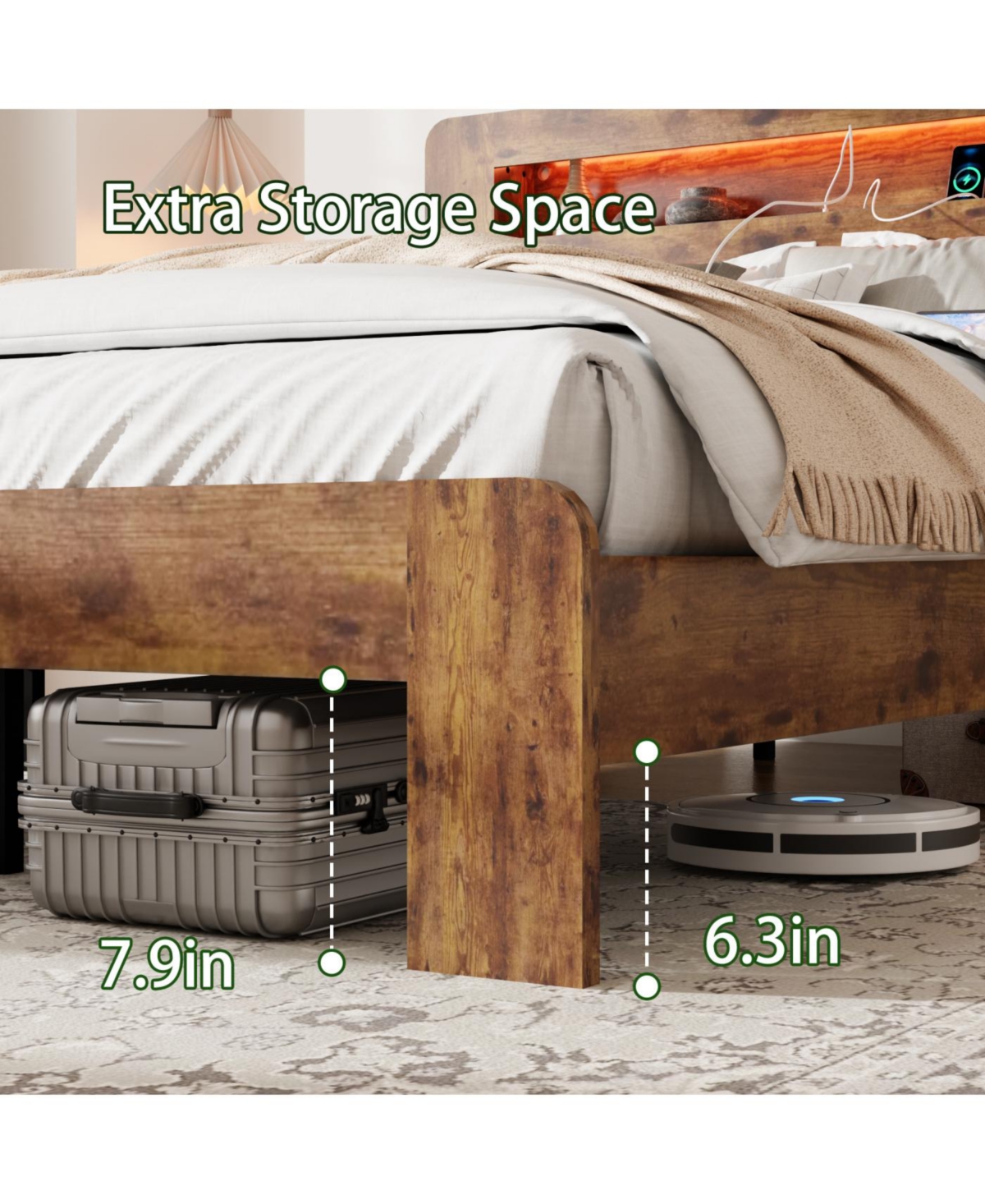 Streamdale Furniture Streamdale Bed Frame King Size Wood Platform with Storage, Led, Usb, Dark Brown