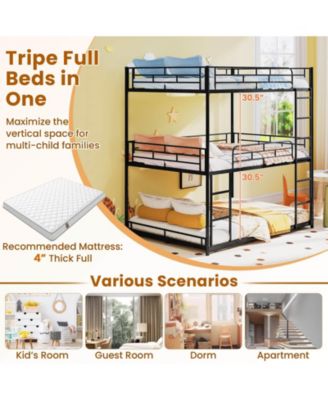 Full Over Full Over Full Metal Bed Frame Heavy-Duty Triple Bunk Bed w/Dual Ladders