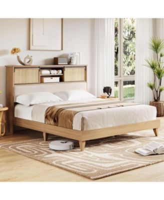 Boho Rattan King Bed Frame with Headboard, Solid Wood Platform, Storage Shelves & Sliding Door, No Box Spring