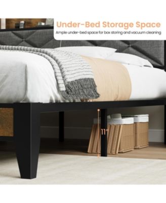 Metal Platform Bed Frame with Charging Station, Tufted Headboard, Storage Shelf & Steel Slats