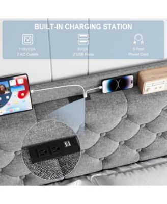 King Upholstered Platform Bed with Button Tufted Wingback Storage Headboard, Wood Slats, Charging Station, Noise-Free