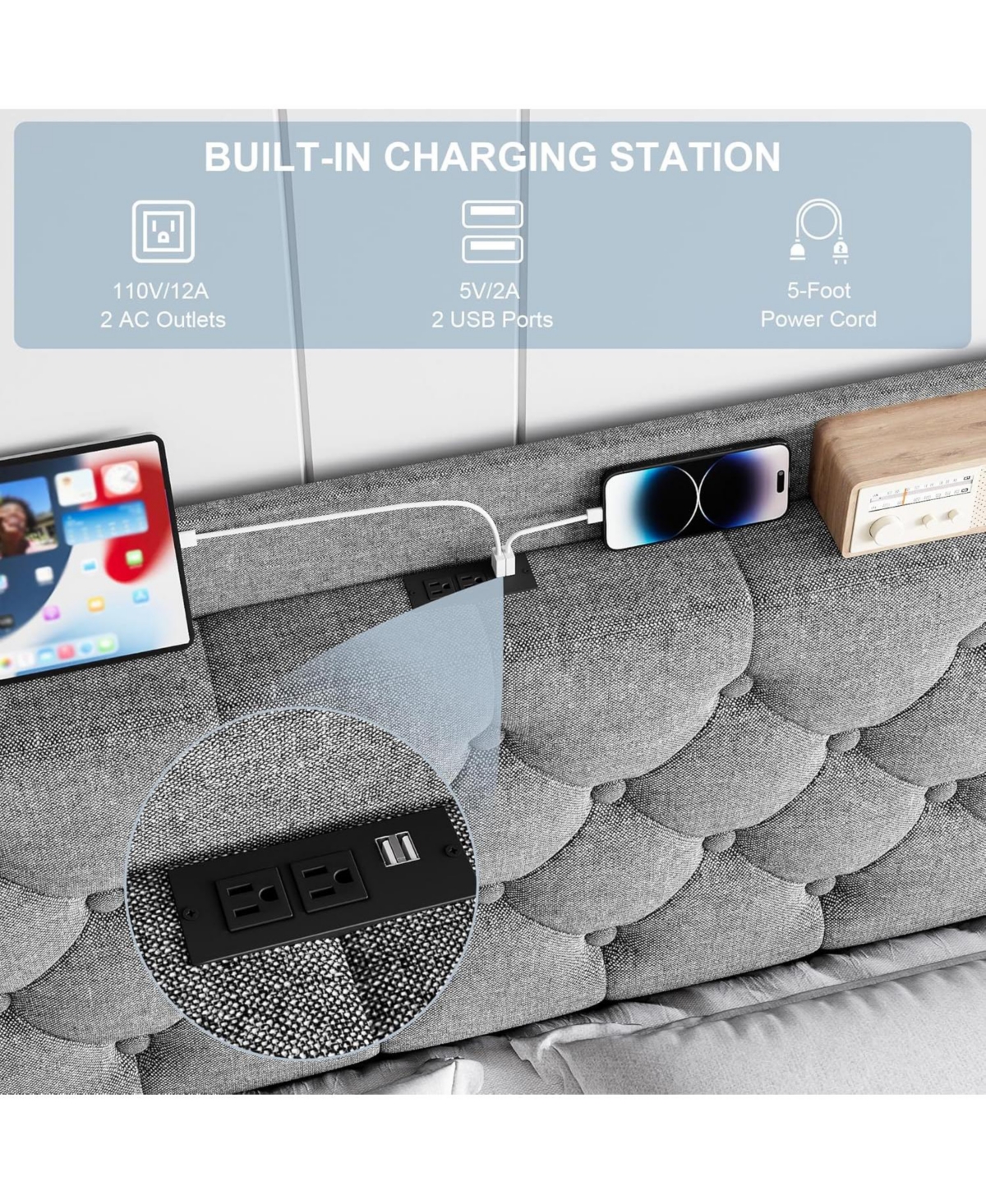 Gaomon King Upholstered Platform Bed with Button Tufted Wingback Storage Headboard, Wood Slats, Charging Station, Noise-Free