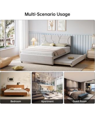 Twin/Full Trundle Bed Frame with Upholstered Headboard, Pull-Out Platform & Wood Slats for Bedroom or Guest Room