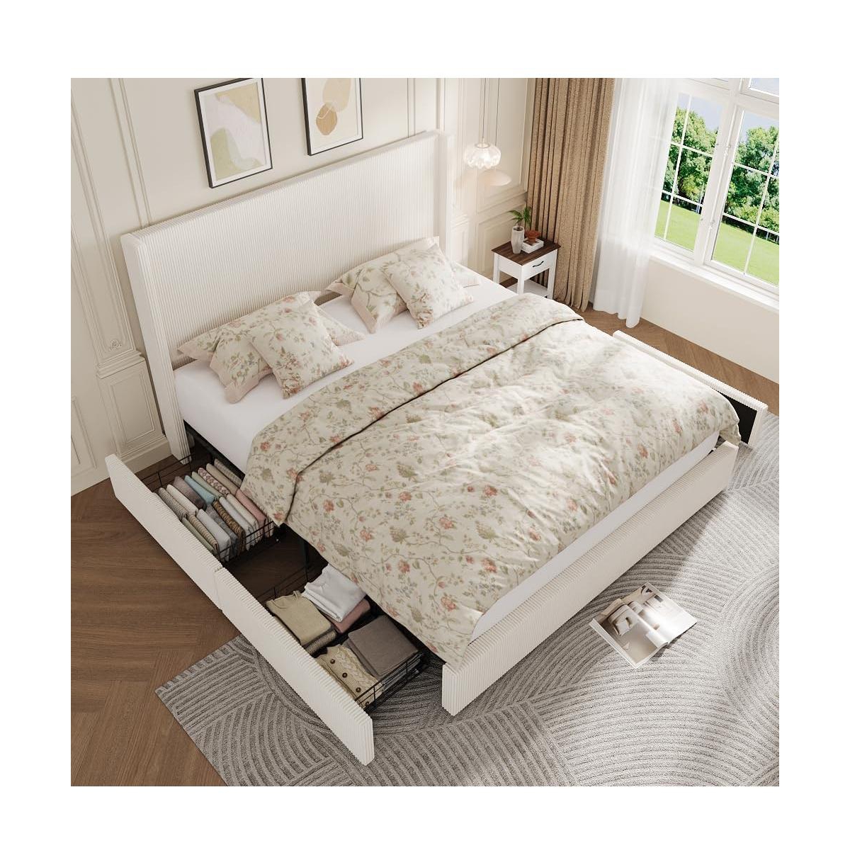 Gaomon Upholstered Bed Frame with Storage Drawer and Led Headboard, Wooden Slat Support, Easy to Assemble