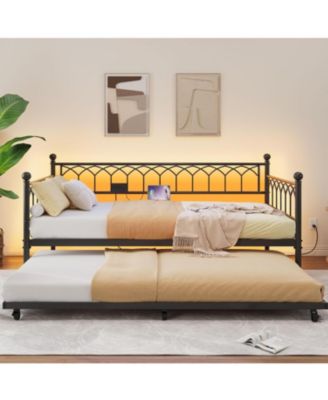 Twin Daybed with Pop-Up Trundle & Charging Station, Pull Out Bed Frame, Metal Sofa Bed