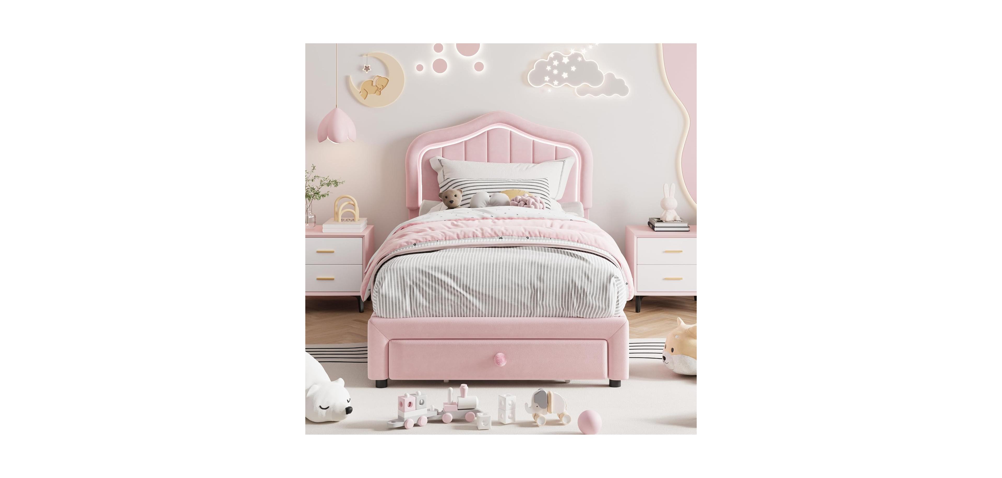 gaomon Twin Led Upholstered Bed Frame with Storage Drawer – Velvet Princess Platform for Kids/Girls, Sturdy Wood Slats, No Box Spring