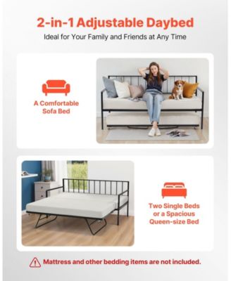 Metal Pull-Out Trundle, LED Lights, Charging Station, Adjustable Backrest Daybed Frame