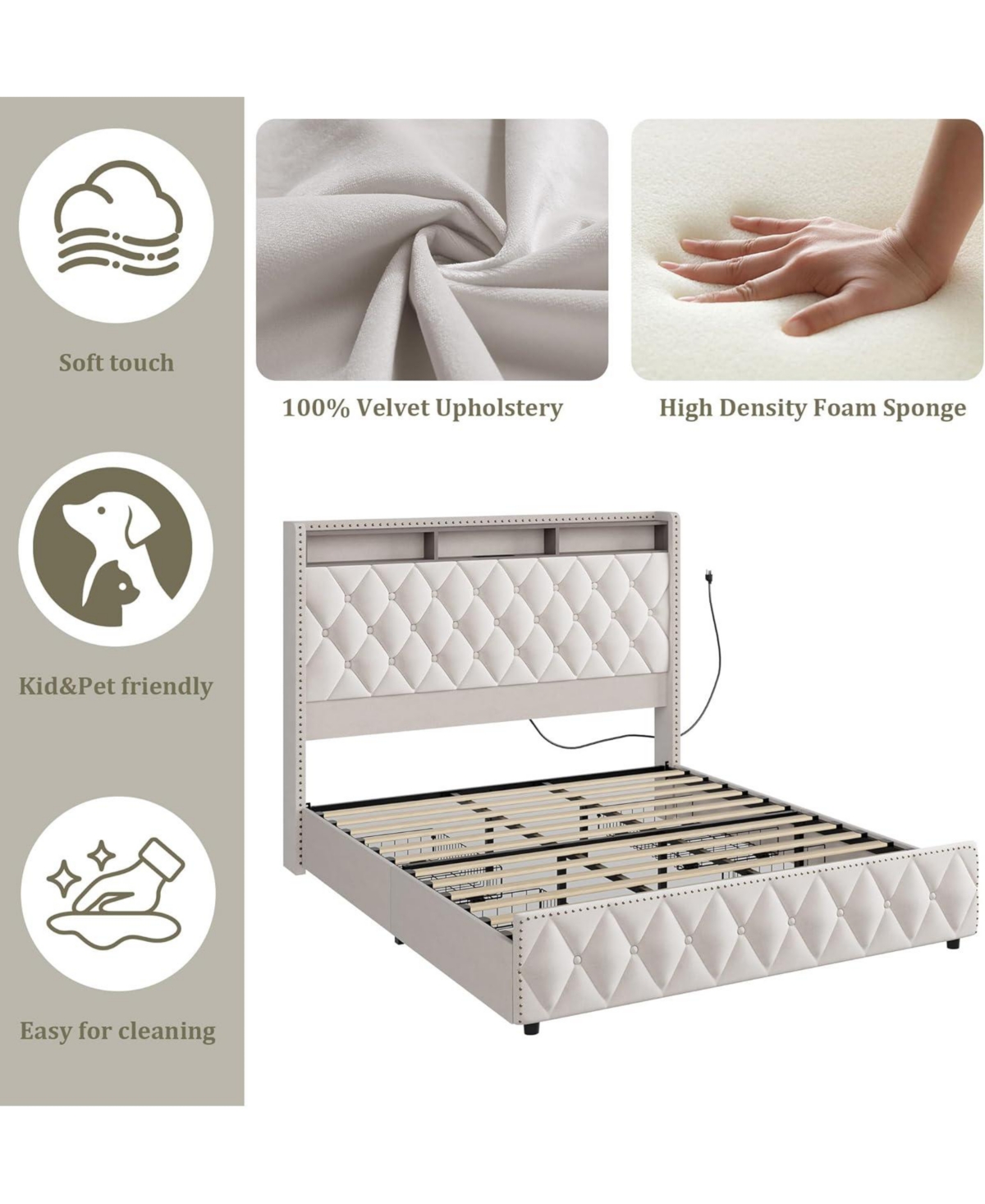 gaomon Queen Size Velvet 51" Tall Headboard, 4 Storage Drawers, Usb, Led Lights Bed Frame