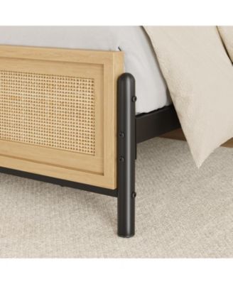 King Size Boho Bed Frame with Natural Rattan Headboard & Footboard, 14" Metal Platform, No Box Spring Needed