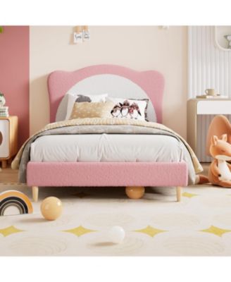 Twin Size Kids Upholstered Bed Frame with Adjustable Scallop Velvet Headboard, Princess Platform, Pink & White