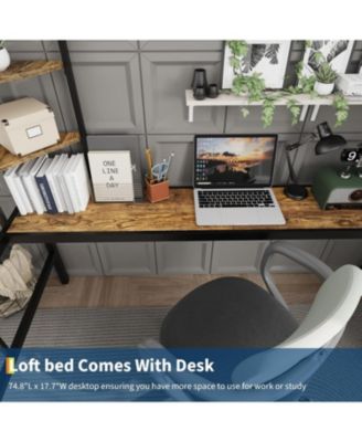 Twin Size Loft Bed with Large Desk, Storage Shelves, Stairs & Safety Guardrail, Space Saving, Black & Brown