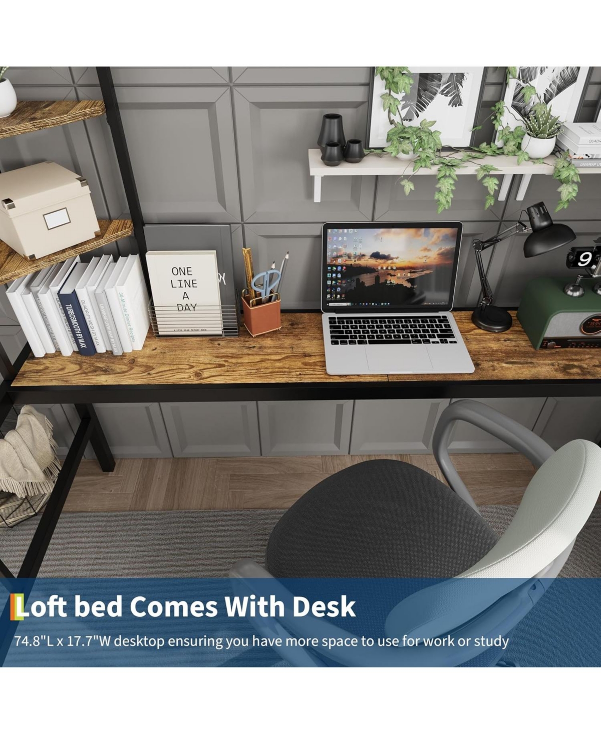 Gaomon Twin Size Loft Bed with Large Desk, Storage Shelves, Stairs & Safety Guardrail, Space Saving, Black & Brown