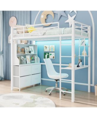 Twin Size Loft Bed with Desk, Storage Shelves, LED Lights, Safety Guardrail, Ladder, Steel Slats