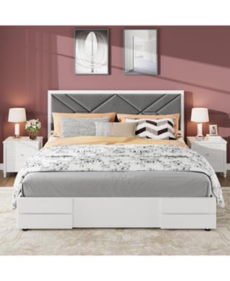 King Size Wooden Bed Frame with Fabric Upholstered Headboard Strong Wood Slats Easy Assembly White