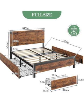 Full Size Metal Platform with Storage Drawers and Wooden Headboard, No Box Spring Bed Frame