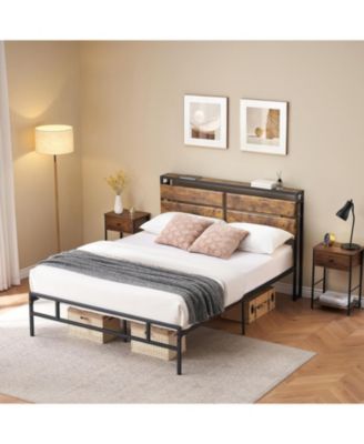 Full Size 14 Inch Metal Bed Frame with Wooden Headboard & Storage Platform Rustic Vintage Wood