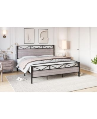 King Size Triangular Panel Platform Bed Light Gray Woodgrain Space-Saving No Box Spring