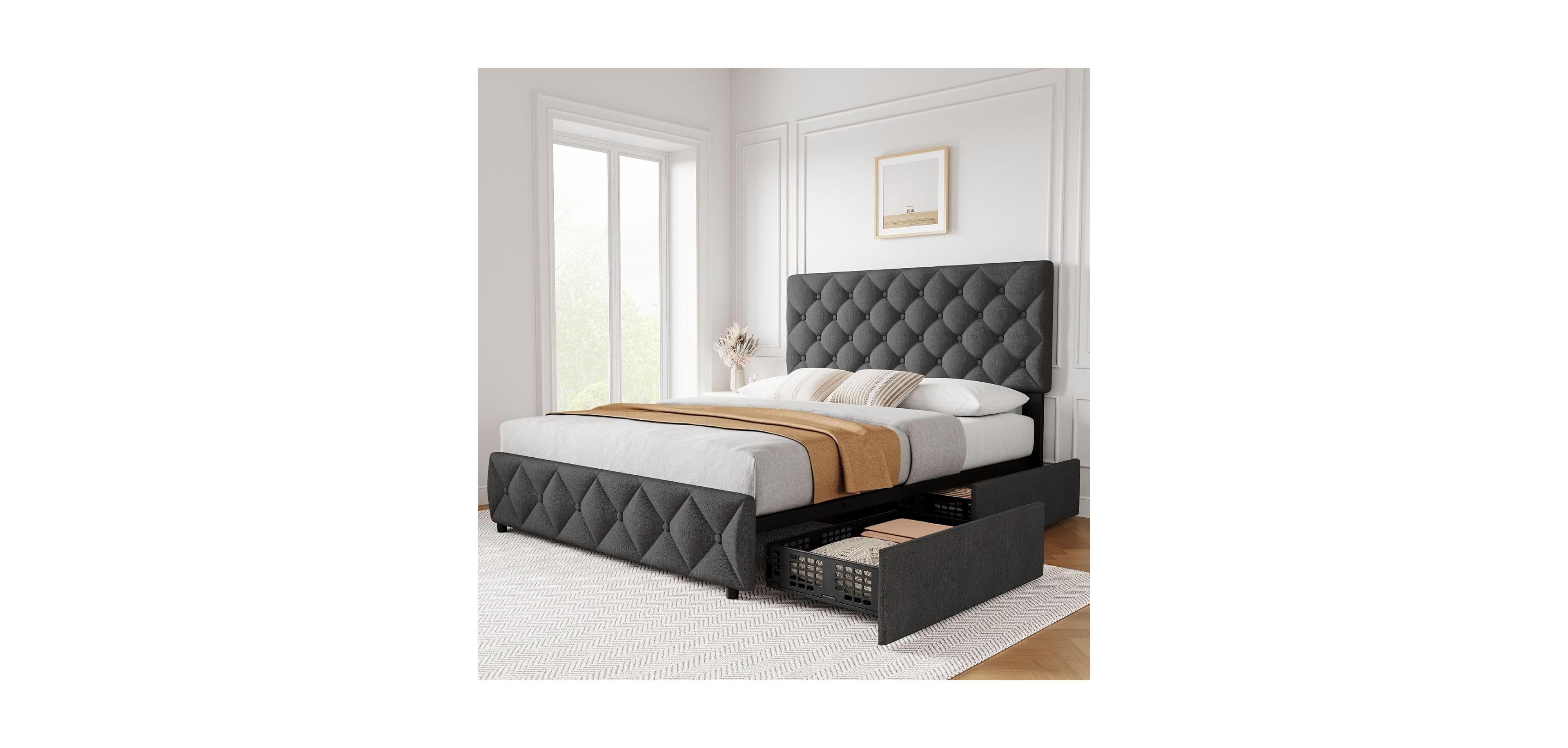 gaomon Full Size Bed Frame 4 Storage Drawers Adjustable Upholstered Headboard Platform Bed Button Tufted Gray