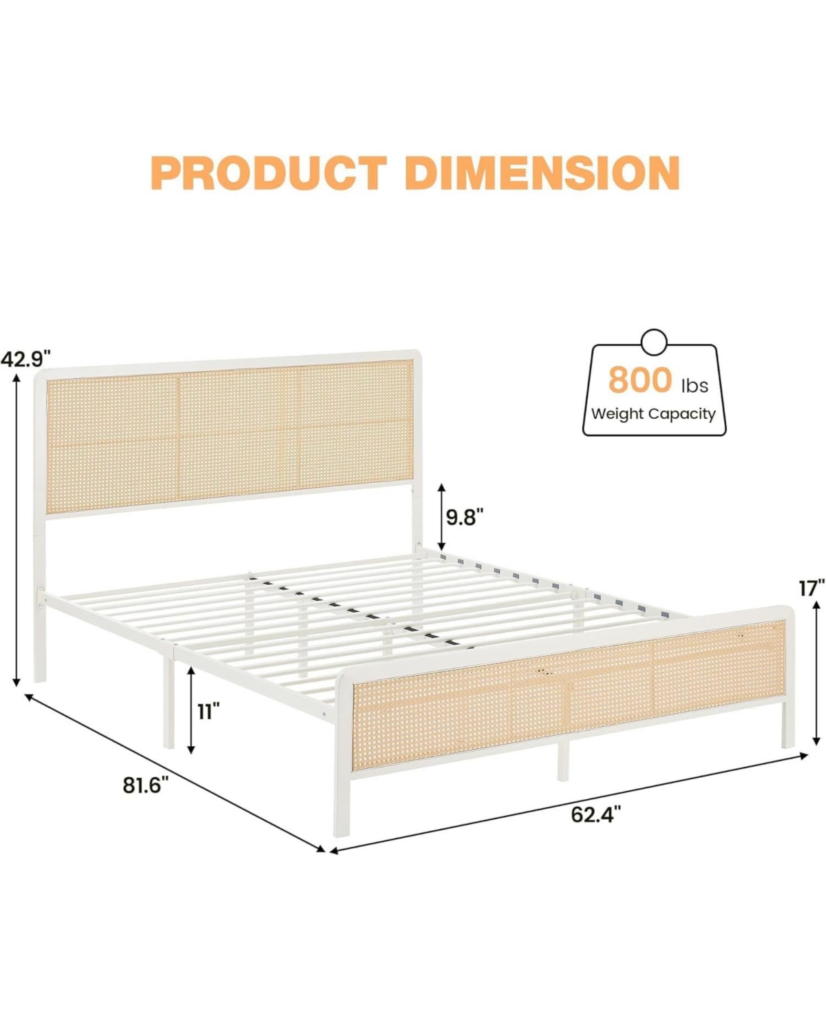 gaomon Queen Size White Rattan Bed Frame with Headboard Boho Platform Led Lights Metal Slats Noise-Free