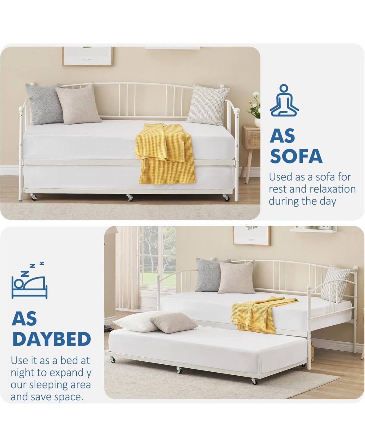 gaomon Twin Daybed with Trundle Metal Frame Pullout Trundle 6 Casters Steel Slats Living Room Bedroom Guest Room