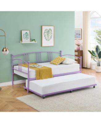 Twin Daybed with Trundle Metal Frame Pullout Trundle 6 Casters Steel Slats Living Room Bedroom Guest Room No Box Spring Purple