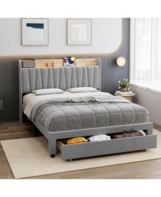 Queen Size Upholstered Platform Bed Frame Storage Drawers Power Socket Wooden Slats No Box Spring Easy Assembly