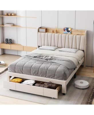 Queen Size Bed Frame Storage Headboard Upholstered Platform Drawers Charging Station Noise Free No Box Spring
