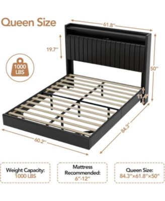 Queen Size Floating Bed Frame RGB LED Lights Charging Station Storage Headboard 50in Headboard Upholstered Platform Black