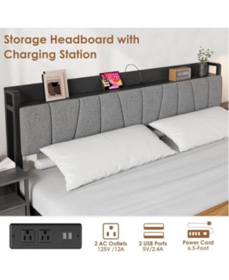 King Size Platform Bed Frame Metal+PB Board Upholstered Two Mesh Drawers Charging Station No Box Spring