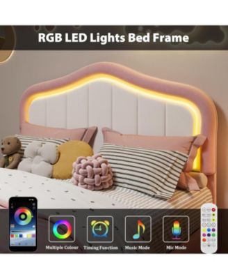 Twin XL Upholstered Bed Frame with LED Lights Storage Drawer Velvet Bed Headboard for Kids Girls Boys No Box Spring Pink