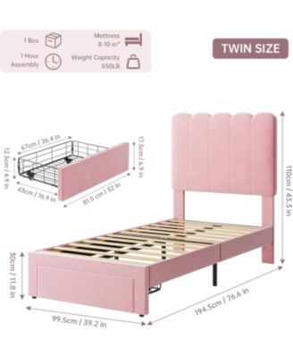 Twin Size Velvet Upholstered Bed Frame with Headboard and Storage Drawer Pink