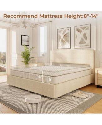King Size Bed Frame 4 Storage Drawers Platform Bed Upholstered Channel Tufted Wingback Headboard Strong Wood Slats Beige